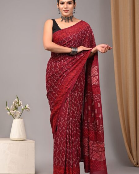 Cotton Mull Block Printed Saree CCTHA0004