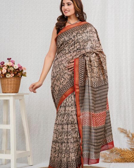 Hand Block Printed Maheshwari Silk Saree CMHA00001
