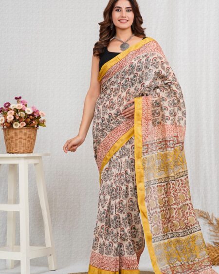 Hand Block Printed Maheshwari Silk Saree CMHA00002