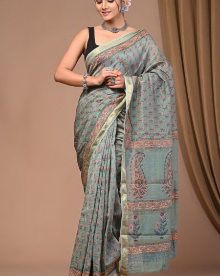 Hand Block Printed Maheshwari Silk Saree CMHA00021