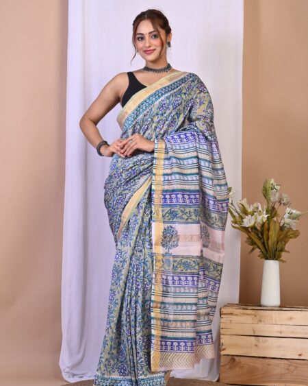 Hand Block Printed Maheshwari Silk Saree CMHA00029