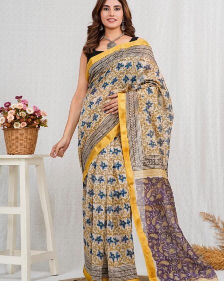 Hand Block Printed Maheshwari Silk Saree CMHA00030