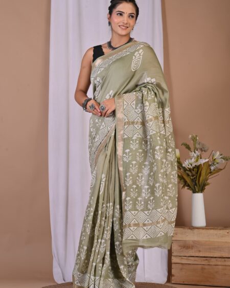 Hand Block Printed Maheshwari Silk Saree CMHA00031