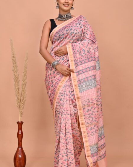 Hand Block Printed Maheshwari Silk Saree CMHA00032